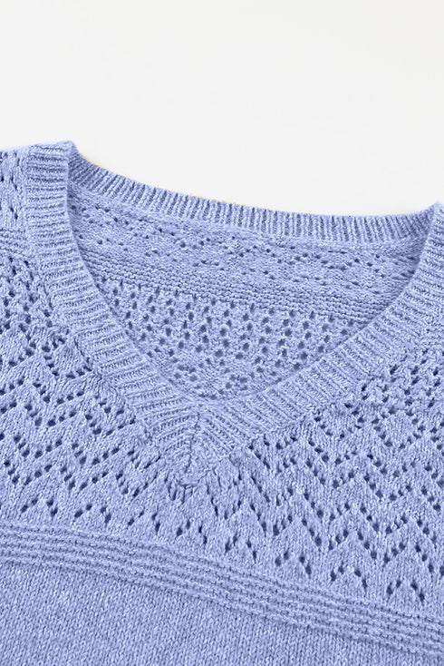 Textured Pointelle Knit V Neck Long Sleeve Sweater