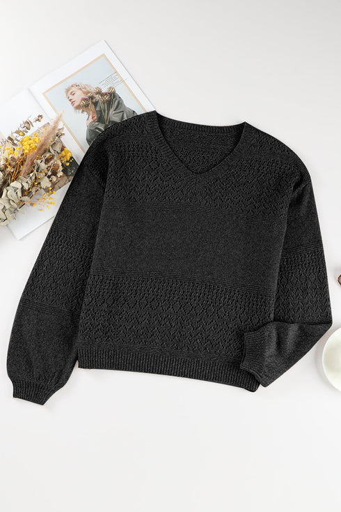 Textured Pointelle Knit V Neck Long Sleeve Sweater