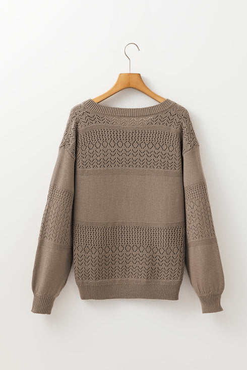 Textured Pointelle Knit V Neck Long Sleeve Sweater