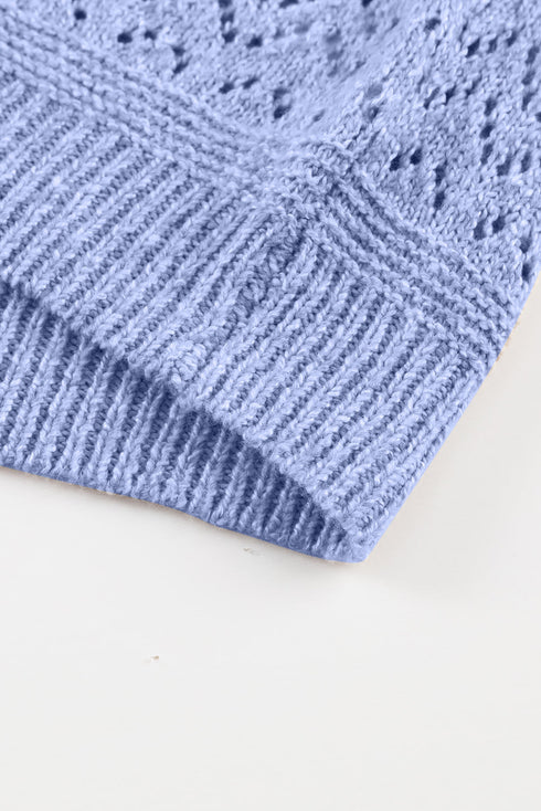 Textured Pointelle Knit V Neck Long Sleeve Sweater