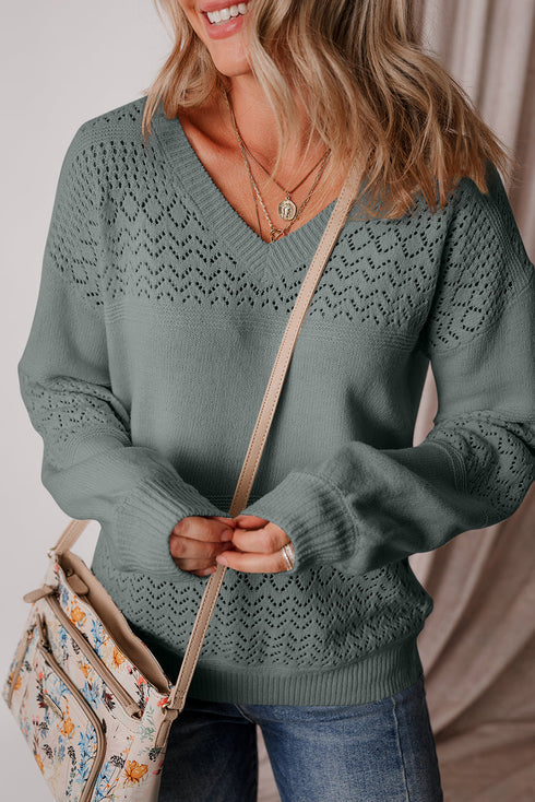 Textured Pointelle Knit V Neck Long Sleeve Sweater