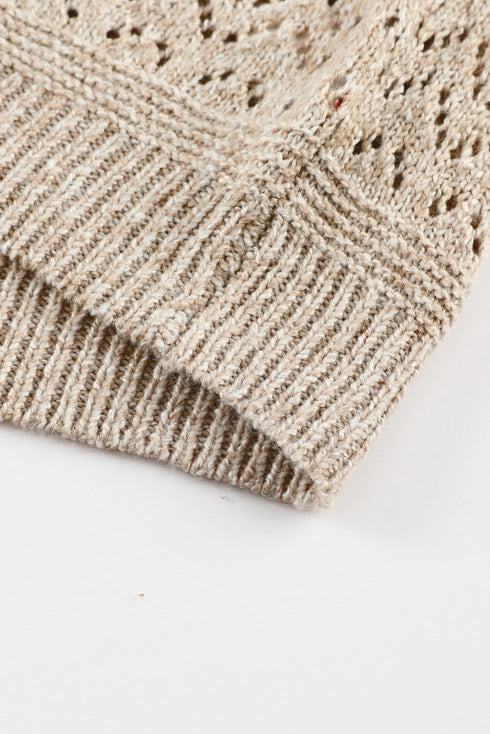 Textured Pointelle Knit V Neck Long Sleeve Sweater