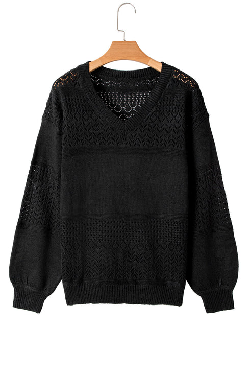 Textured Pointelle Knit V Neck Long Sleeve Sweater