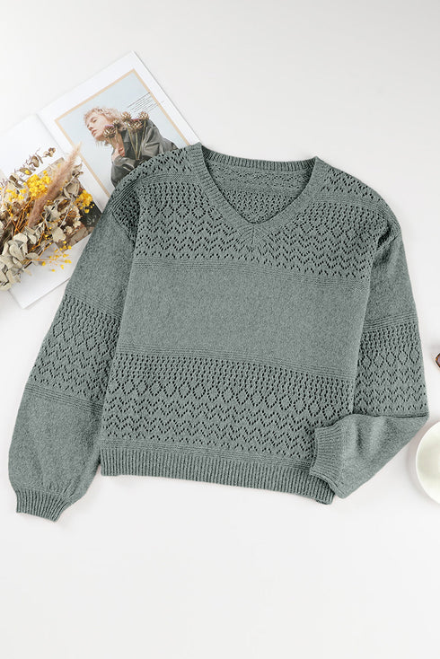 Textured Pointelle Knit V Neck Long Sleeve Sweater