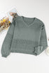Textured Pointelle Knit V Neck Long Sleeve Sweater