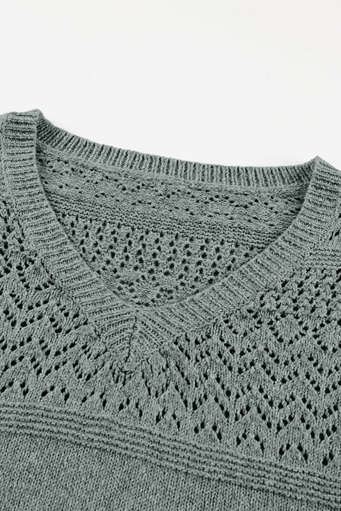 Textured Pointelle Knit V Neck Long Sleeve Sweater
