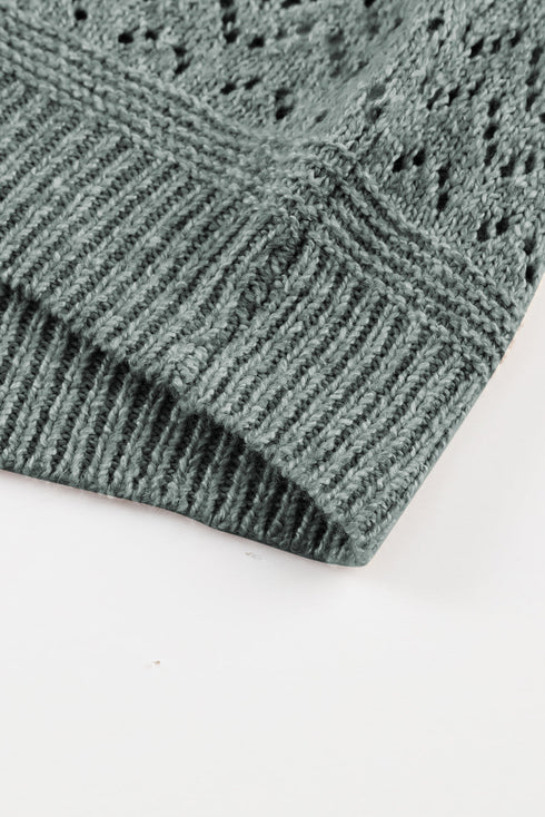 Textured Pointelle Knit V Neck Long Sleeve Sweater