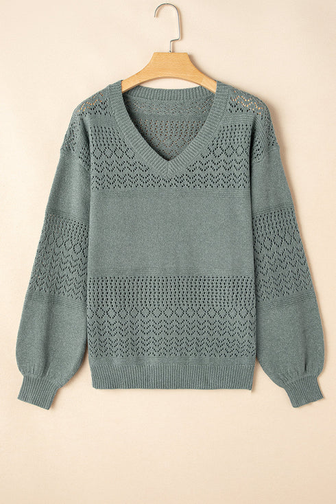 Textured Pointelle Knit V Neck Long Sleeve Sweater