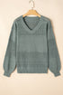Textured Pointelle Knit V Neck Long Sleeve Sweater