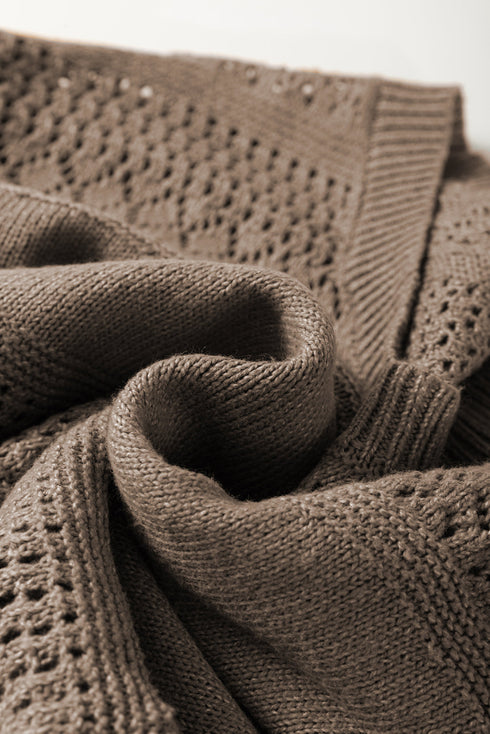 Textured Pointelle Knit V Neck Long Sleeve Sweater