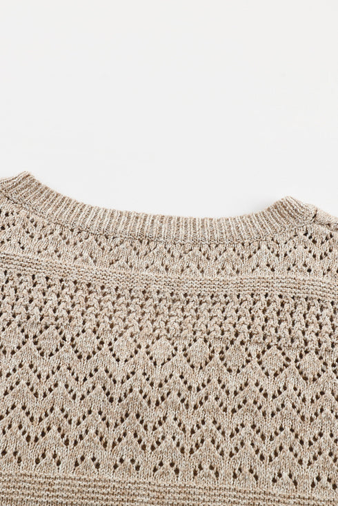 Textured Pointelle Knit V Neck Long Sleeve Sweater