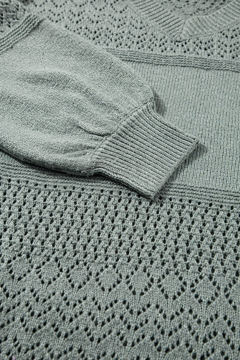 Textured Pointelle Knit V Neck Long Sleeve Sweater