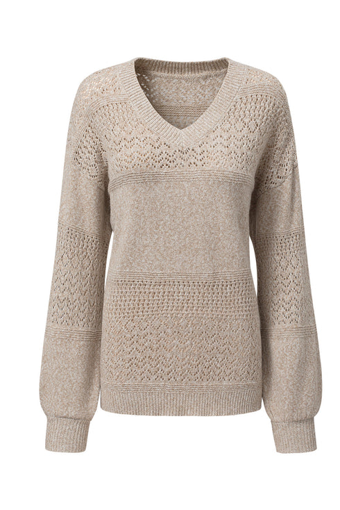 Textured Pointelle Knit V Neck Long Sleeve Sweater