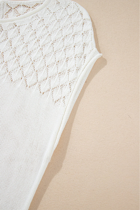 Textured Pointelle Yoke Short Sleeve Knit Top