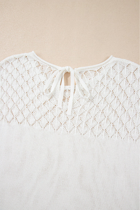 Textured Pointelle Yoke Short Sleeve Knit Top