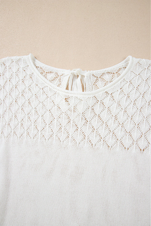Textured Pointelle Yoke Short Sleeve Knit Top
