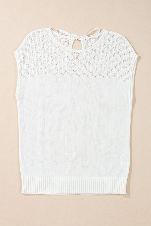 Textured Pointelle Yoke Short Sleeve Knit Top
