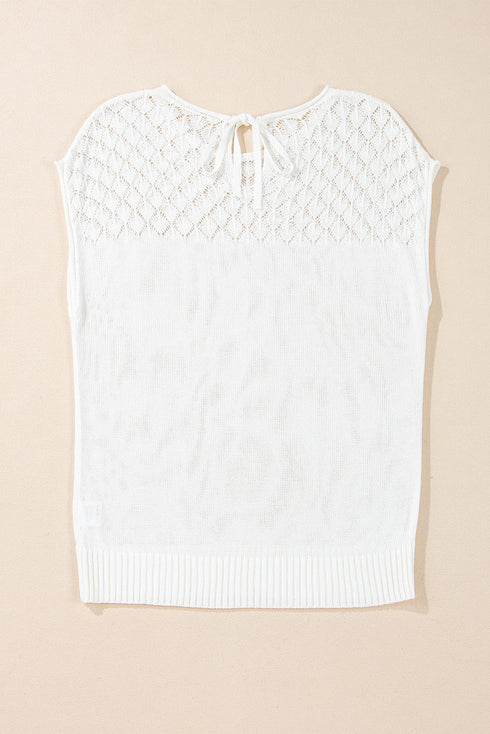 Textured Pointelle Yoke Short Sleeve Knit Top