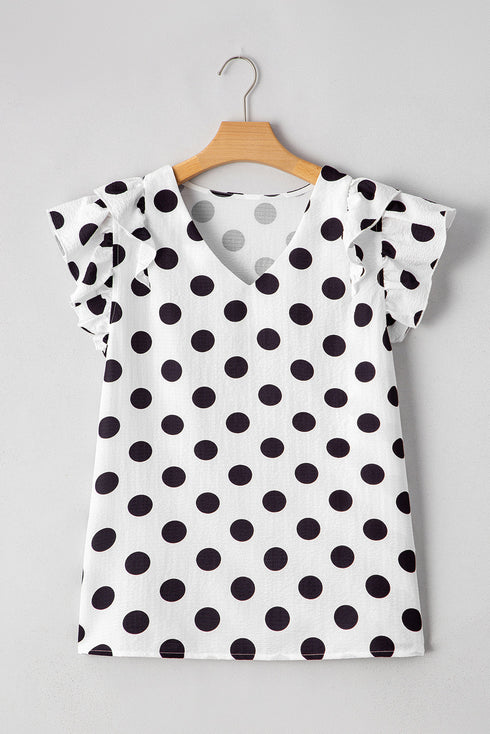 Textured Polka Dot Flutter Sleeve V Neck Blouse