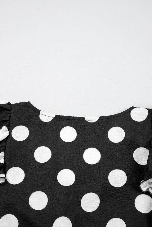 Textured Polka Dot Flutter Sleeve V Neck Blouse