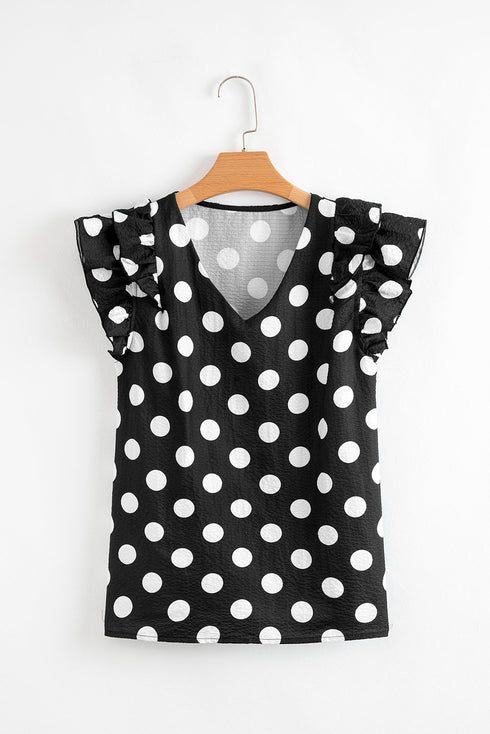 Textured Polka Dot Flutter Sleeve V Neck Blouse