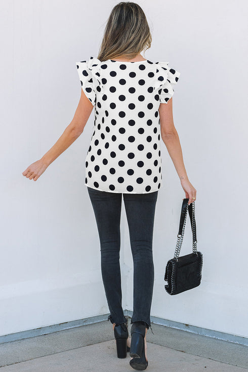 Textured Polka Dot Flutter Sleeve V Neck Blouse