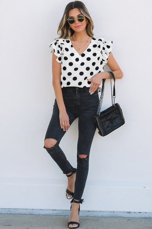 Textured Polka Dot Flutter Sleeve V Neck Blouse