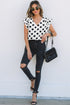 Textured Polka Dot Flutter Sleeve V Neck Blouse