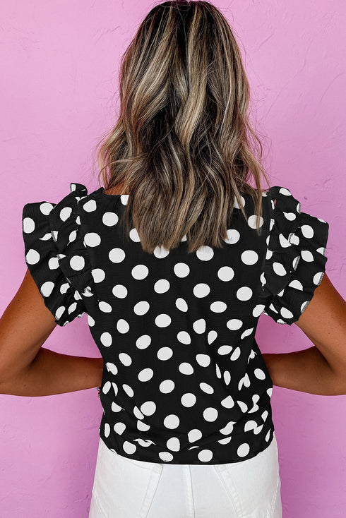 Textured Polka Dot Flutter Sleeve V Neck Blouse