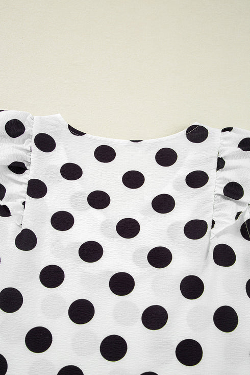 Textured Polka Dot Flutter Sleeve V Neck Blouse