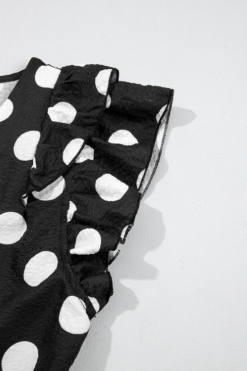 Textured Polka Dot Flutter Sleeve V Neck Blouse