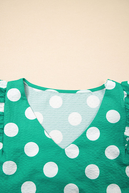 Textured Polka Dot Flutter Sleeve V Neck Blouse