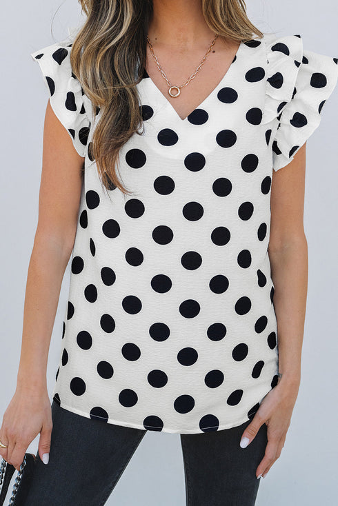 Textured Polka Dot Flutter Sleeve V Neck Blouse