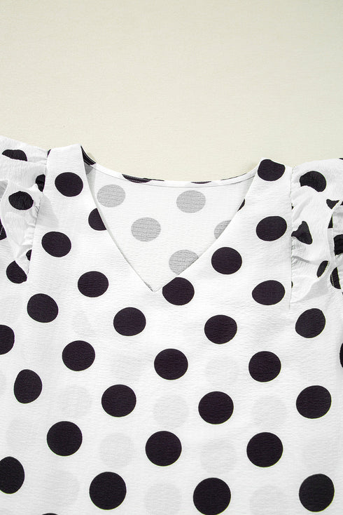 Textured Polka Dot Flutter Sleeve V Neck Blouse
