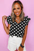Textured Polka Dot Flutter Sleeve V Neck Blouse