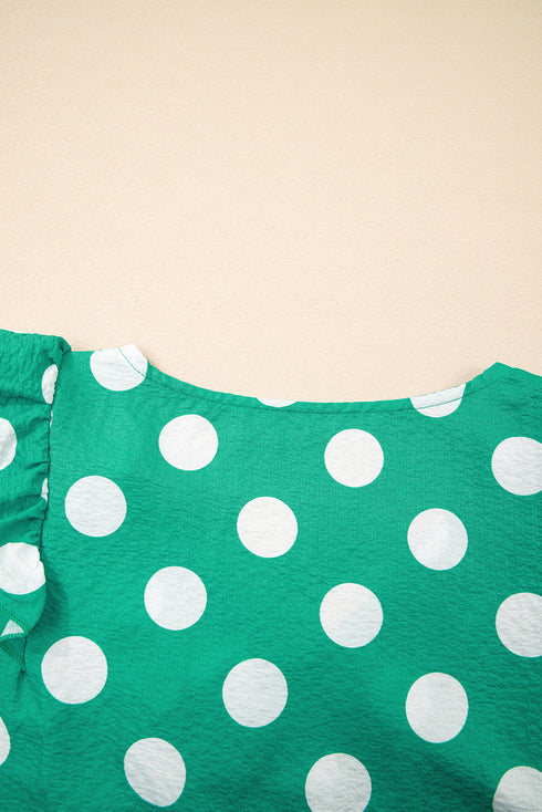 Textured Polka Dot Flutter Sleeve V Neck Blouse