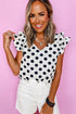 Textured Polka Dot Flutter Sleeve V Neck Blouse