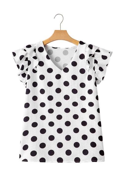 Textured Polka Dot Flutter Sleeve V Neck Blouse