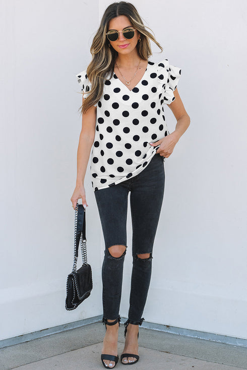Textured Polka Dot Flutter Sleeve V Neck Blouse