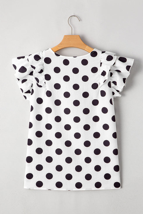 Textured Polka Dot Flutter Sleeve V Neck Blouse