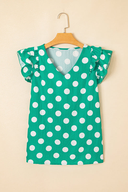 Textured Polka Dot Flutter Sleeve V Neck Blouse