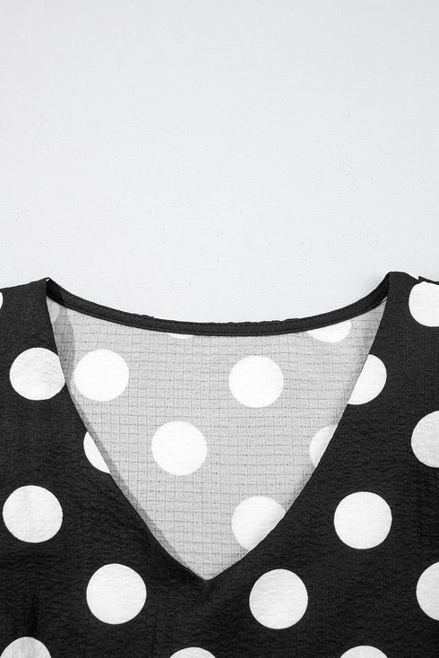 Textured Polka Dot Flutter Sleeve V Neck Blouse