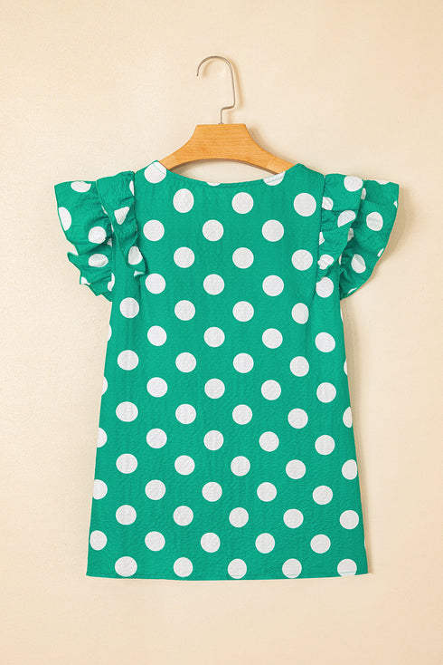 Textured Polka Dot Flutter Sleeve V Neck Blouse