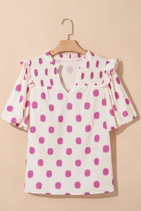 Textured Polka Dot Print Shirred Yoke Balloon Sleeve Blouse