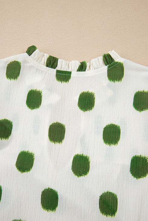 Textured Polka Dot Print Shirred Yoke Balloon Sleeve Blouse