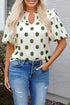 Textured Polka Dot Print Shirred Yoke Balloon Sleeve Blouse