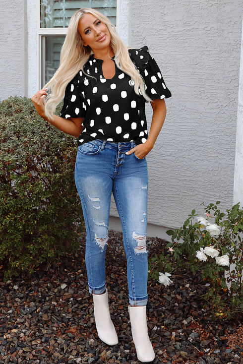 Textured Polka Dot Print Shirred Yoke Balloon Sleeve Blouse