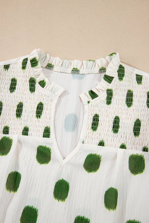 Textured Polka Dot Print Shirred Yoke Balloon Sleeve Blouse