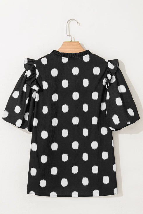 Textured Polka Dot Print Shirred Yoke Balloon Sleeve Blouse