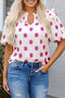 Textured Polka Dot Print Shirred Yoke Balloon Sleeve Blouse